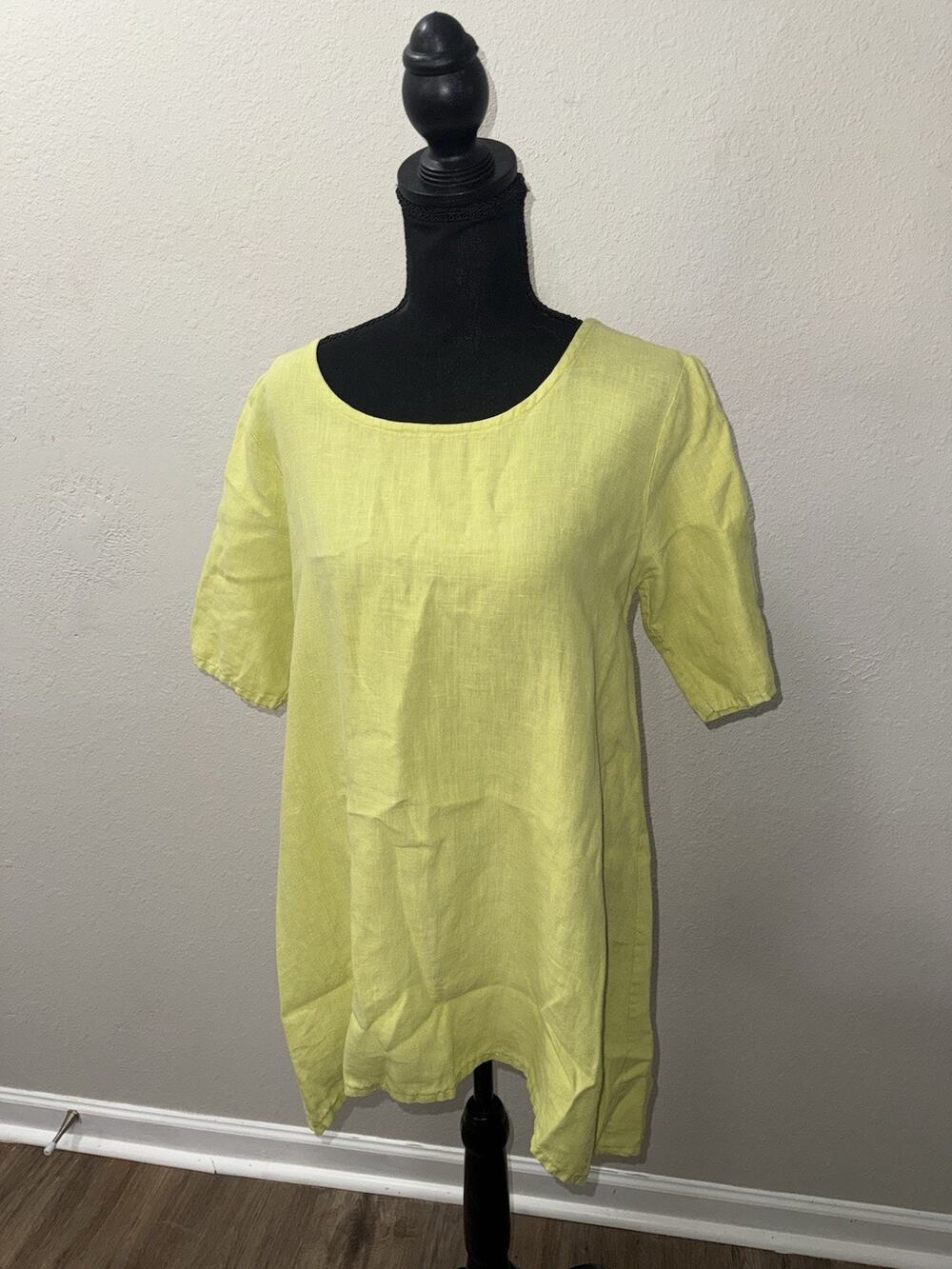 Bryn Walker Linen 3/4 Sleeve Tunic Blouse Womens Lime Small Relaxed Made in USA